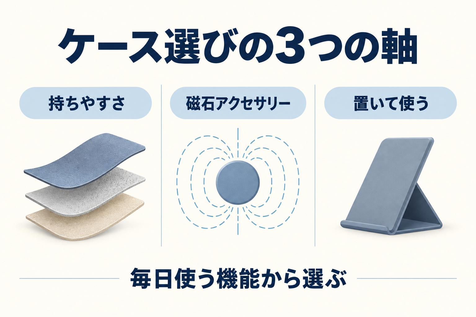 ケース選びの3つの軸:持ちやすさ、磁石アクセサリー、置いて使う。