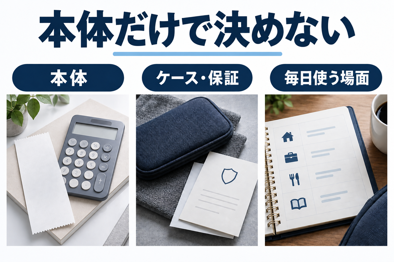 本体価格だけでなく、ケース・保証と毎日使う場面を合わせて判断する。
