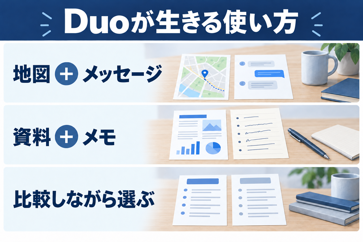 地図とメッセージ、資料とメモ、比較しながら選ぶというDuoの用途を整理。