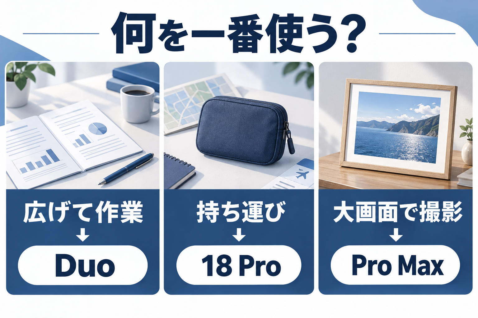 広げて作業ならDuo、持ち運びなら18 Pro、大画面で撮影するならPro Maxという選び方。