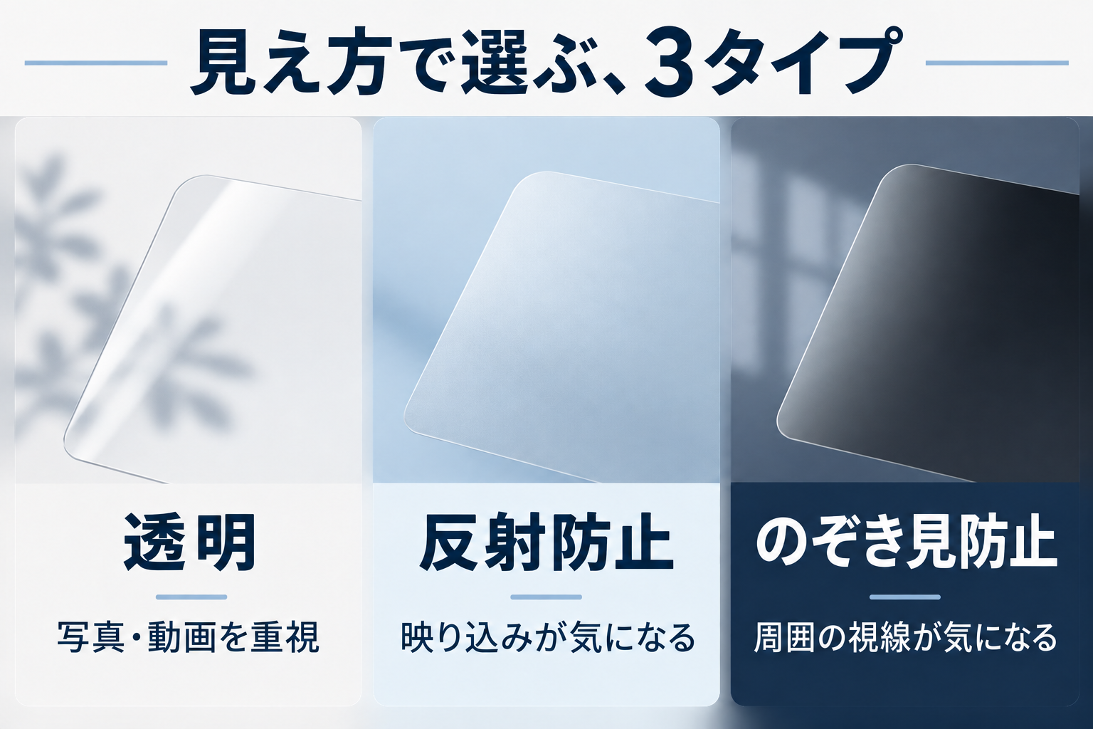 透明は写真・動画、反射防止は映り込み、のぞき見防止は周囲の視線を軸に選ぶ。