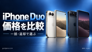 Apple公式のiPhone Duo製品素材と「価格を比較、一括・返却で選ぶ」の見出し